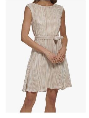 DKNY Beige Striped Pleated Tie-Waist Mini Dress